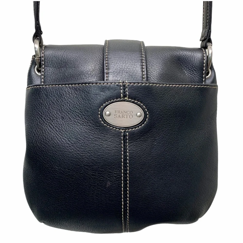 FRANCO SARTO Leather Bag Silver Buckle Snap black saddle Crossbody 9” - Picture 3 of 6